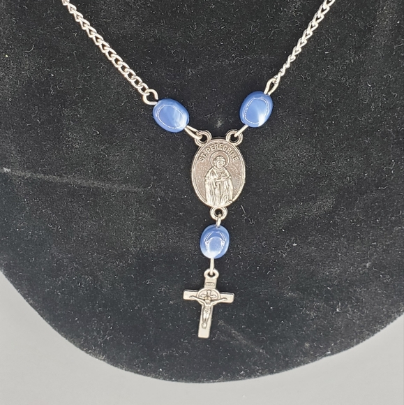 St. Anthony and St. Peregrine Silvertone Blue Bead Cross Necklace - Picture 2 of 4